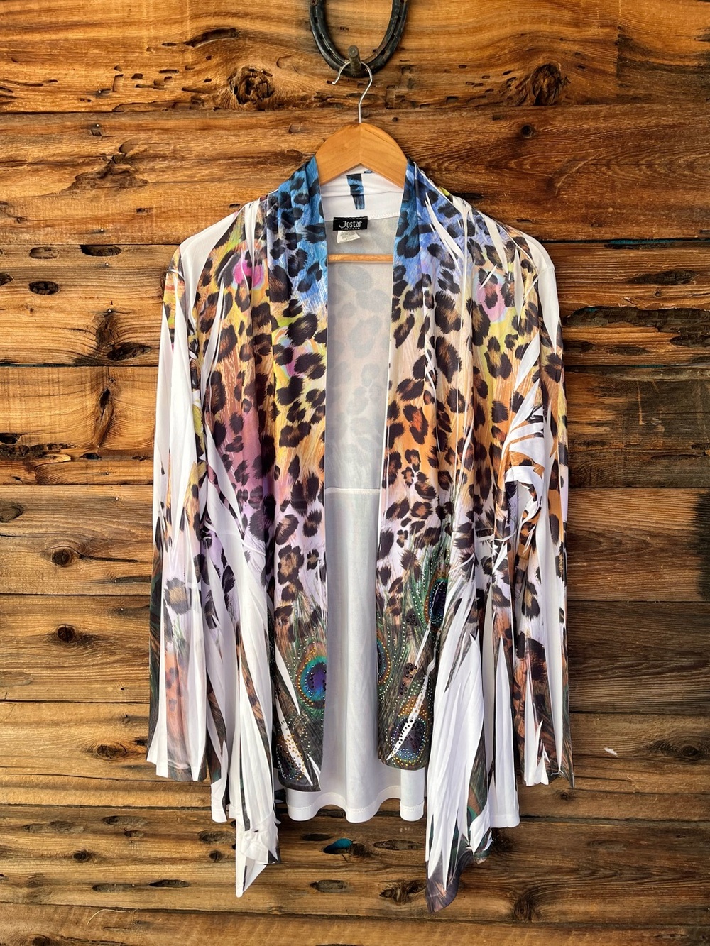 JOSTAR | Blue Leopard & Feather Open Front Kimono Cardigan XXL